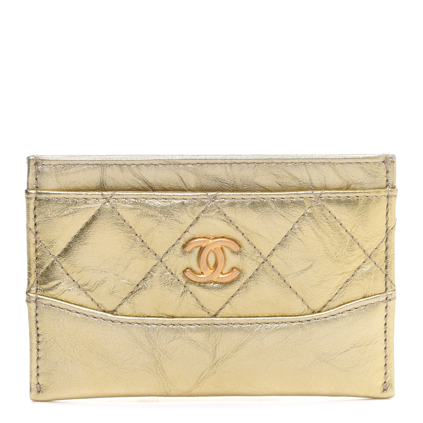 Metallic Aged Calfskin Quilted Gabrielle Card Holder Wallet Gold