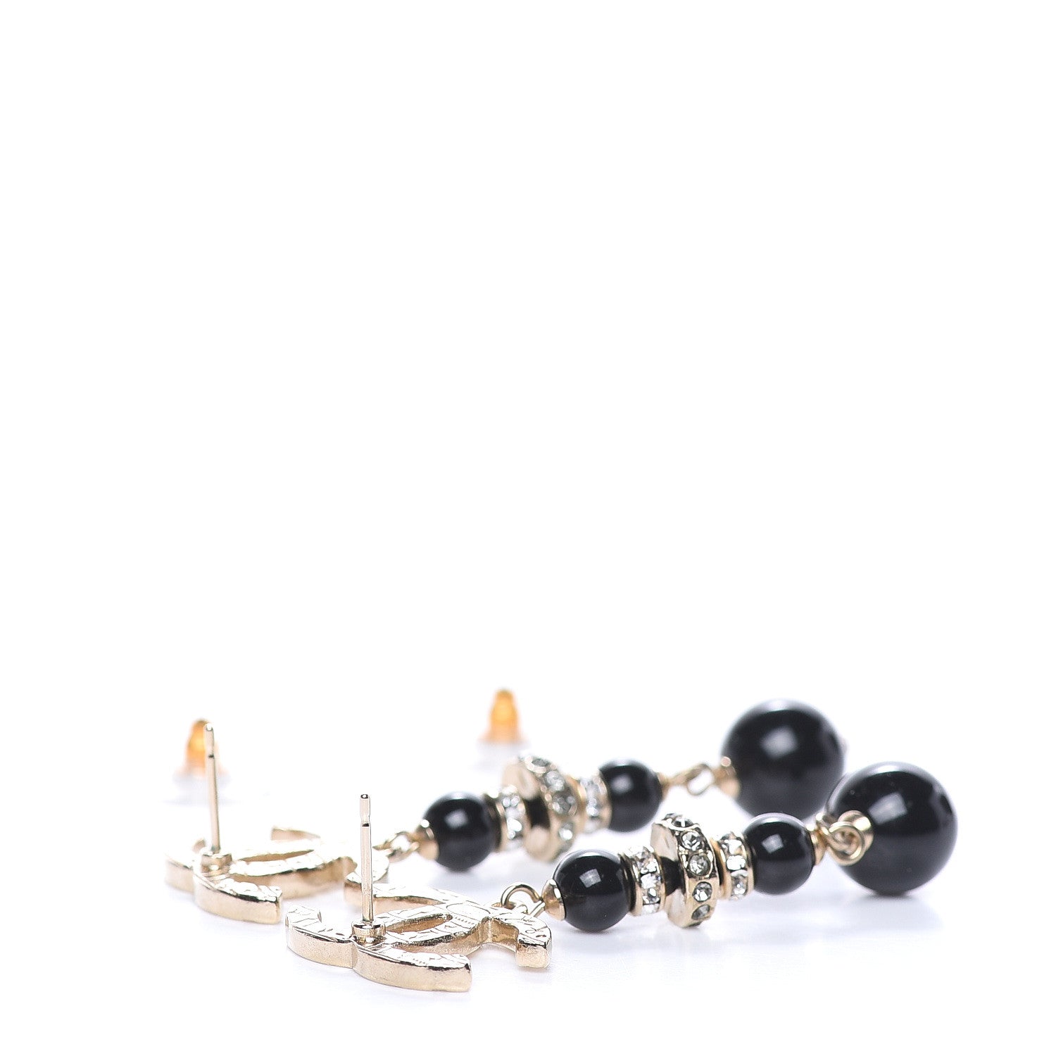 Chanel Crystal Bead Scarab CC Drop Earrings Gold Black 3 of 4