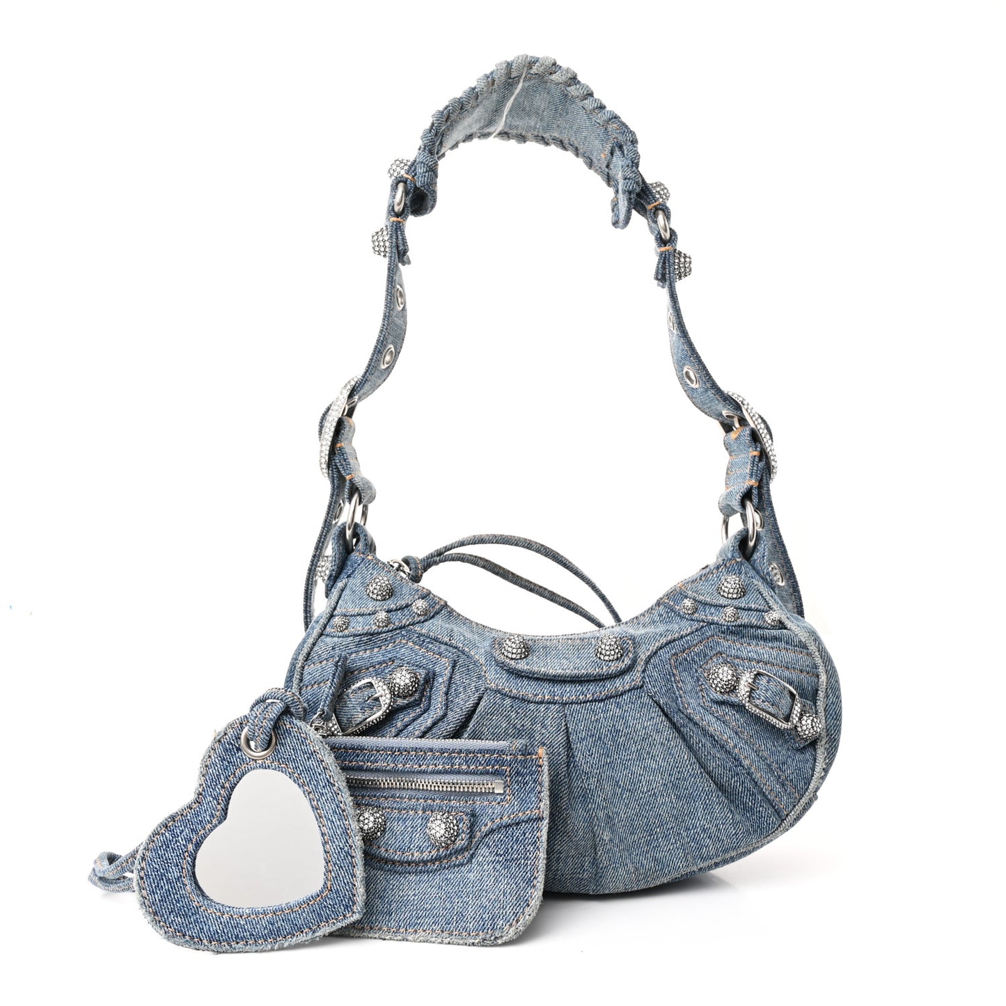 Washed Frayed Denim Crystal Small Le Cagole Shoulder Bag XS Blue