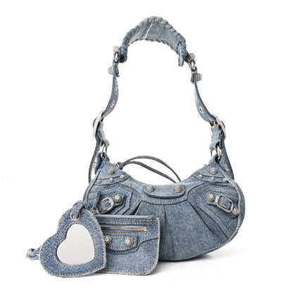 Balenciaga Washed Frayed Denim Crystal Small Le Cagole Shoulder Bag XS Blue 3 of 11