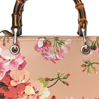 Gucci Shangai Calfskin Blooms Print Medium Bamboo Shopper Tote Pink Apricot Multicolor 8 of 12
