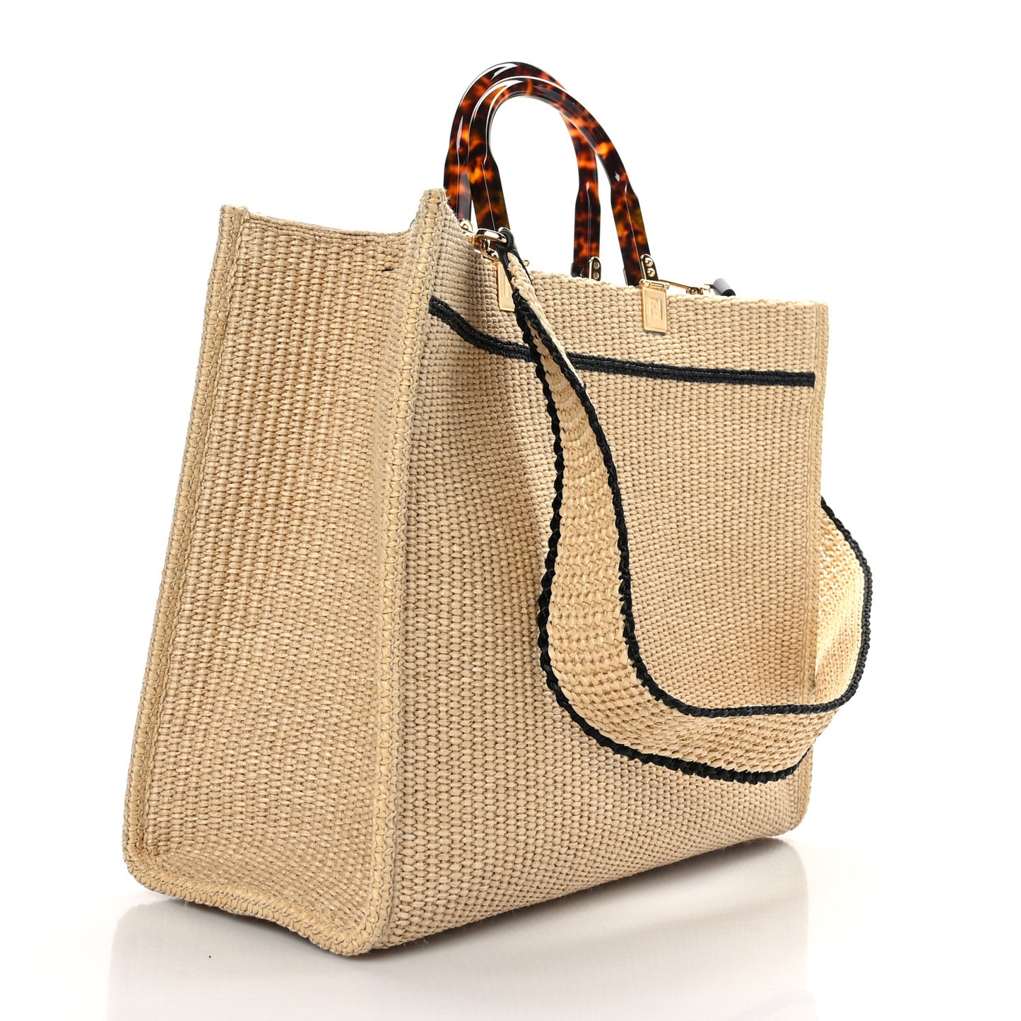 Straw Vitello King Plexiglass Woven Medium Fendi Sunshine Shopper Tote Natural Black