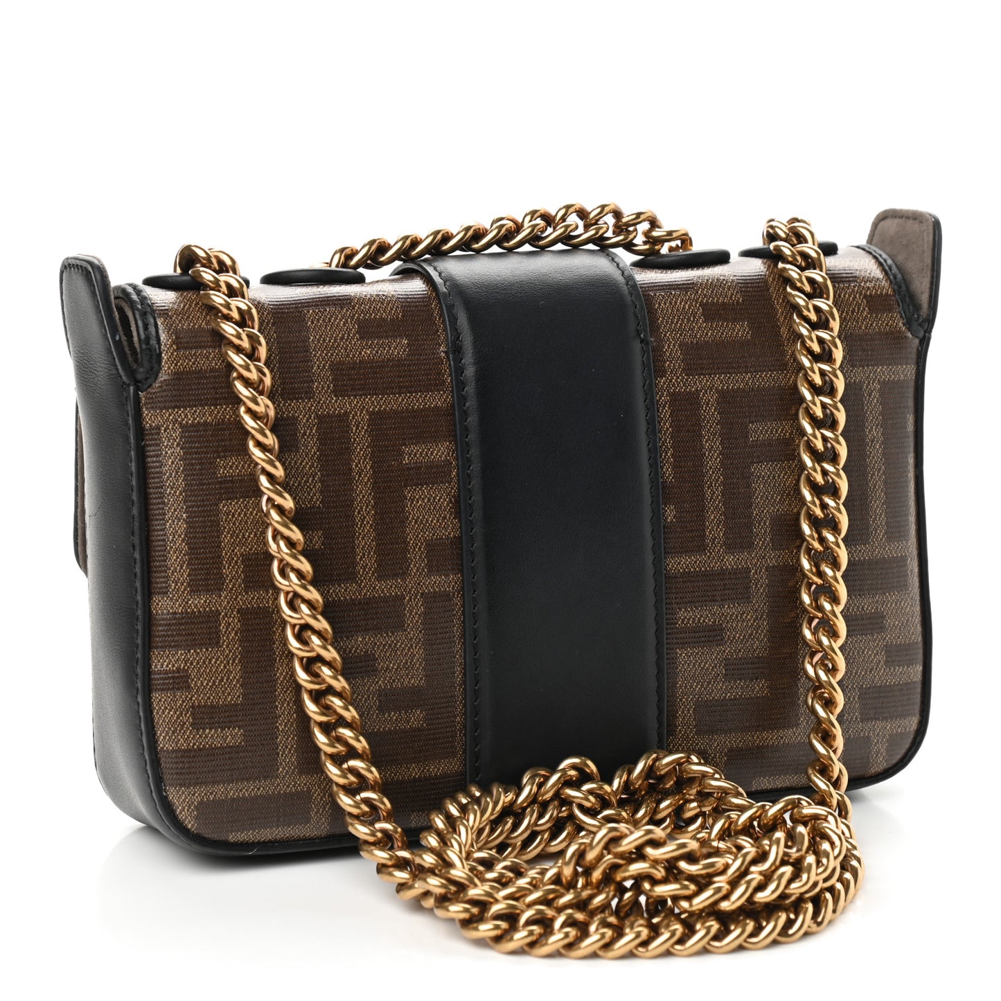 Glazed Fabric Vitello Century FF 1974 Stamp Patch Mini Double F Crossbody Bag Mogano Panna Black