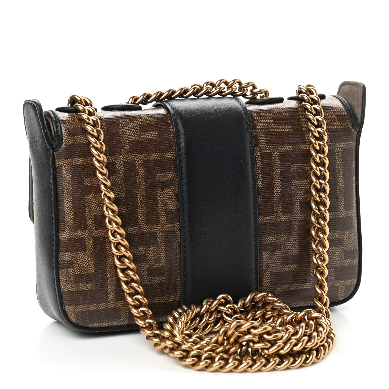 Fendi Glazed Fabric Vitello Century FF 1974 Stamp Patch Mini Double F Crossbody Bag Mogano Panna Black 3 of 10