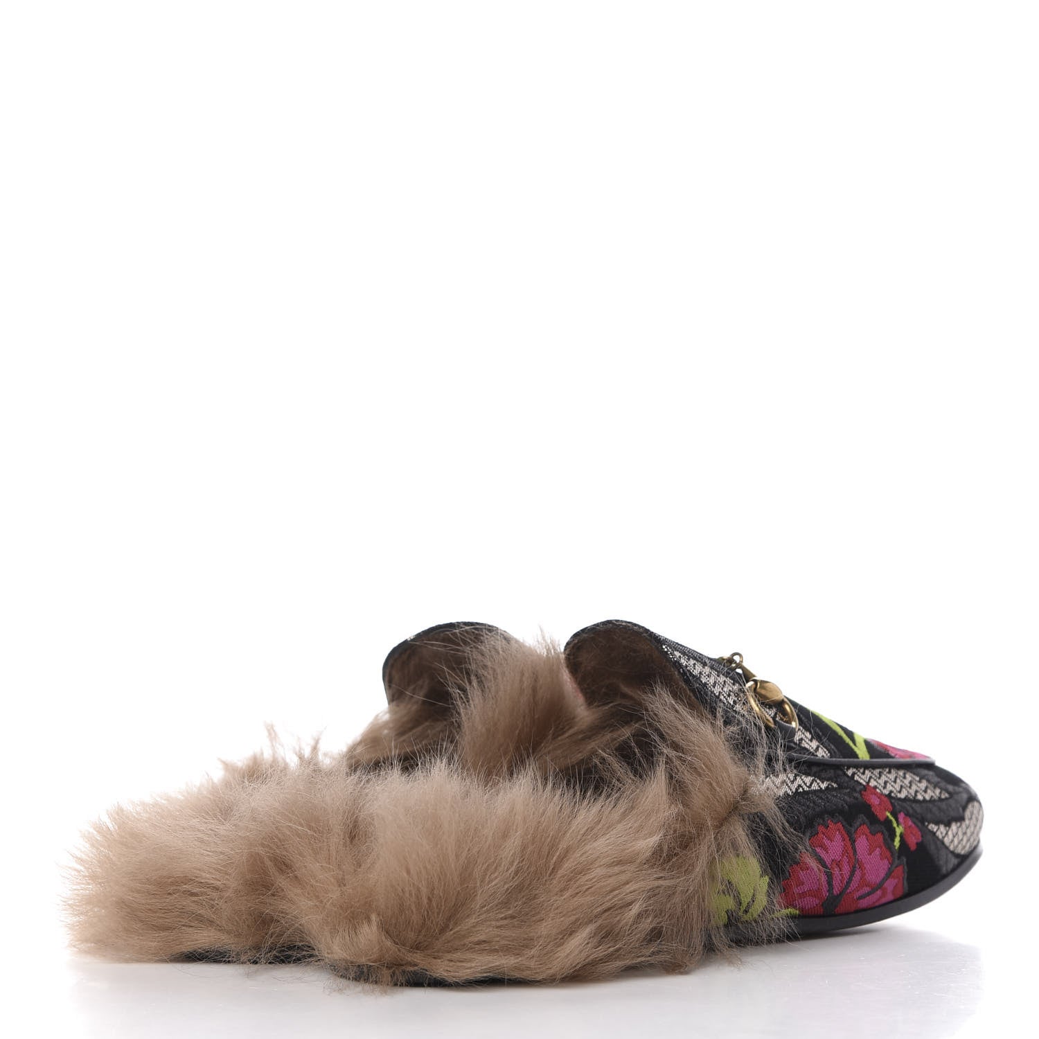 Gucci Brocade Fur Floral Womens Princetown Slippers 37 Black Anthracite 5 of 9