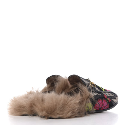 Gucci Brocade Fur Floral Womens Princetown Slippers 37 Black Anthracite 5 of 9