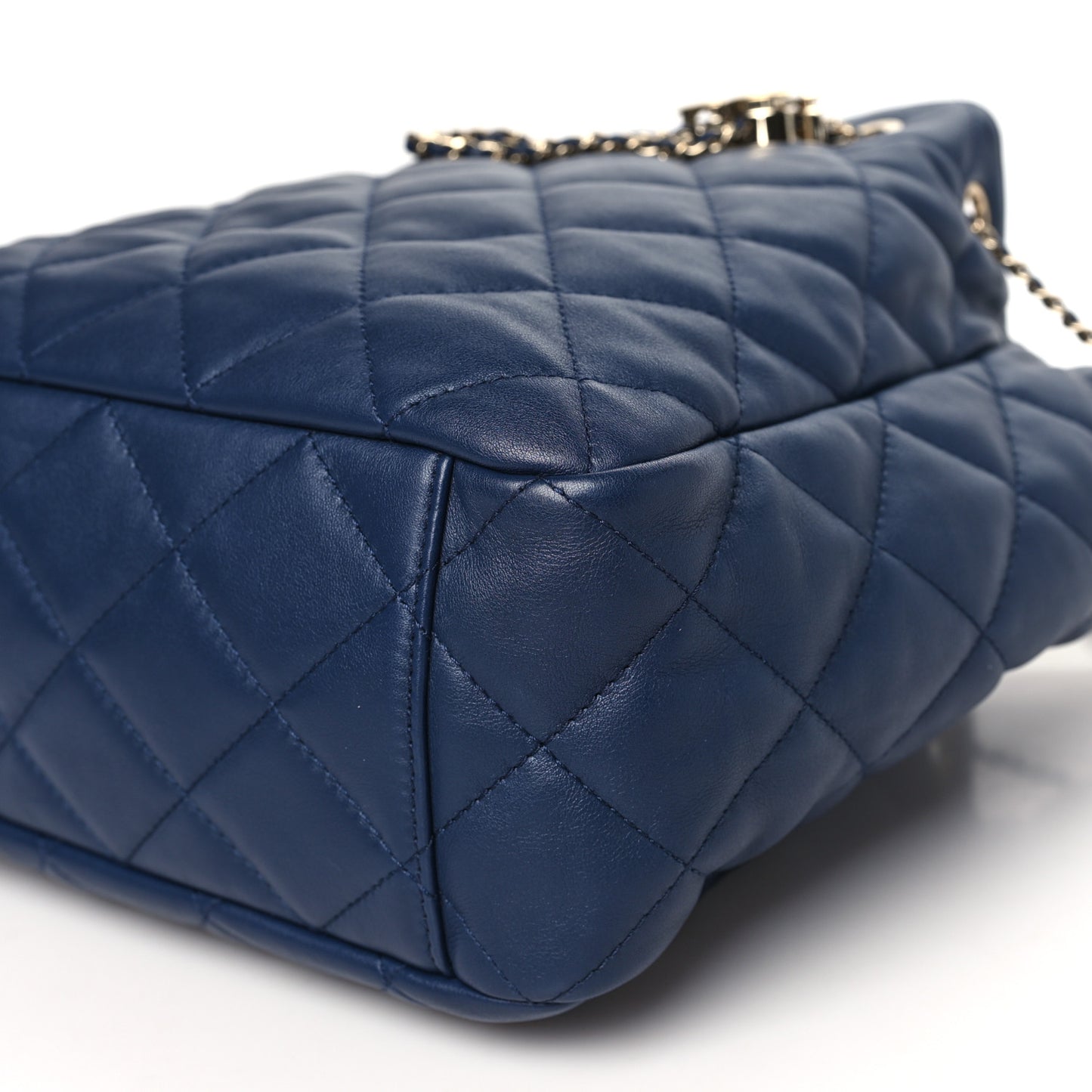 Lambskin Quilted Chain Drawstring Bag Navy Blue