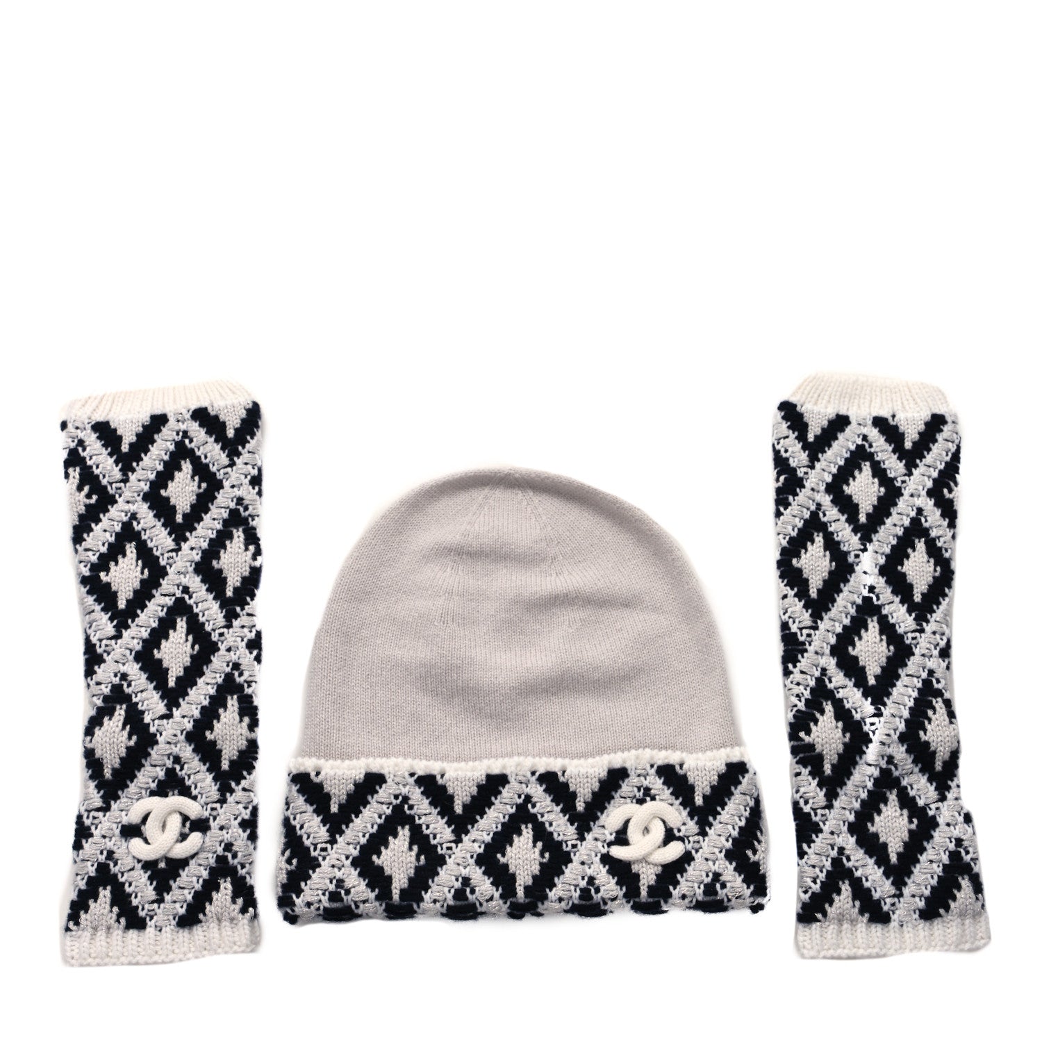 Chanel Cashmere Blend CC Beanie Hat With Gloves Set White Navy Blue 1 of 4