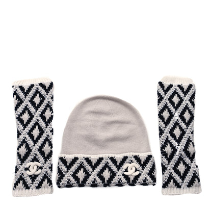 Chanel Cashmere Blend CC Beanie Hat With Gloves Set White Navy Blue 1 of 4