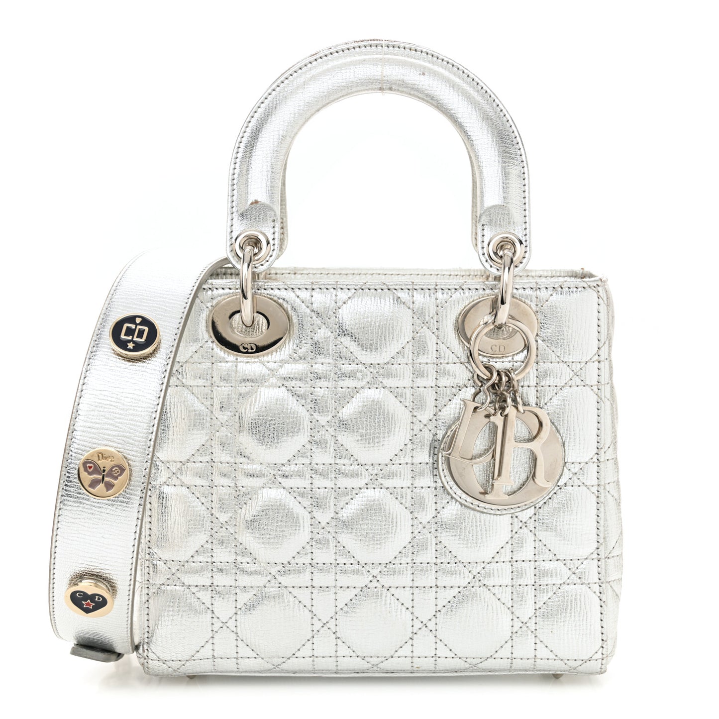Metallic Grained Calfskin Cannage Small Lucky Badges My Lady Dior Silver