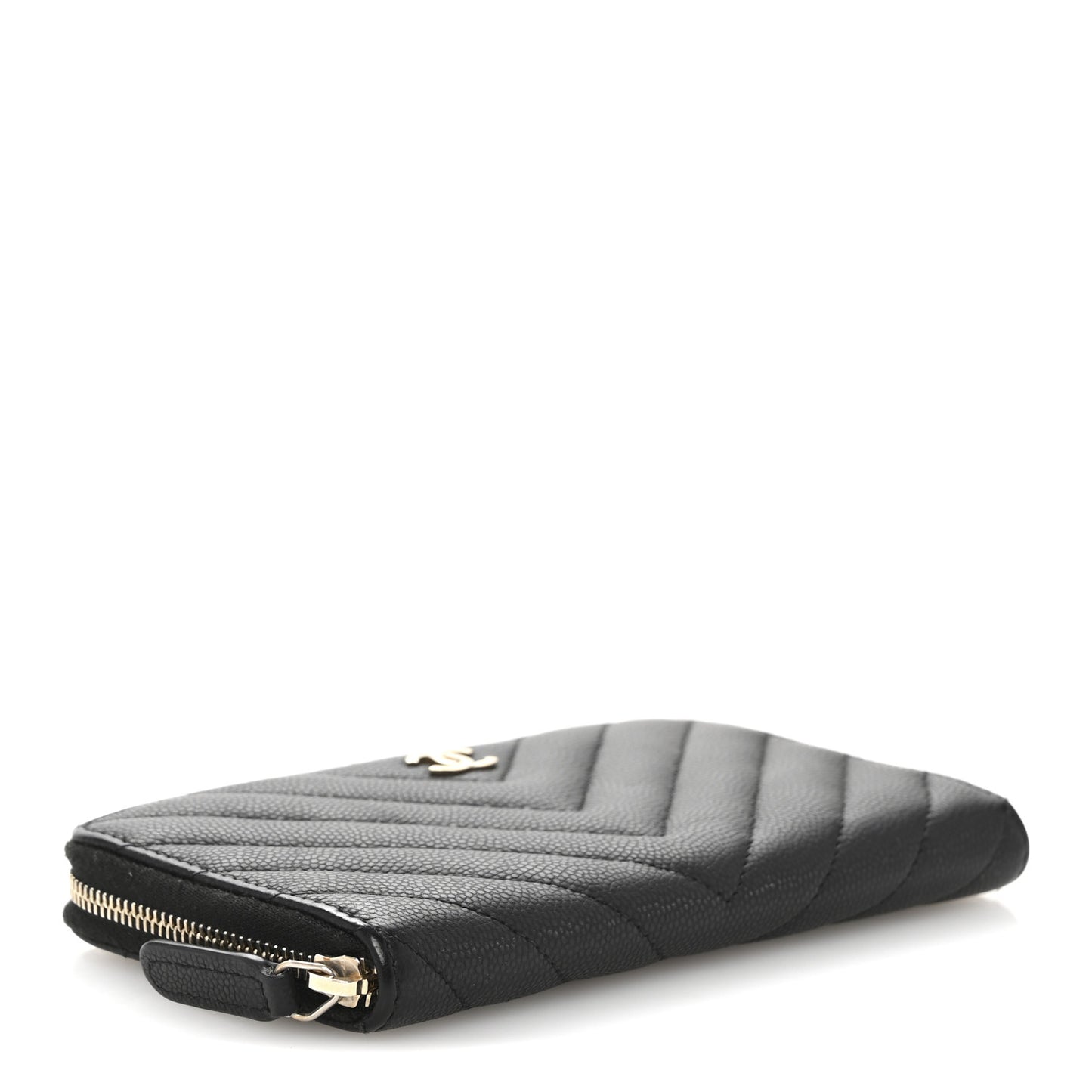 Caviar Chevron Quilted Medium Zip Around Wallet Black