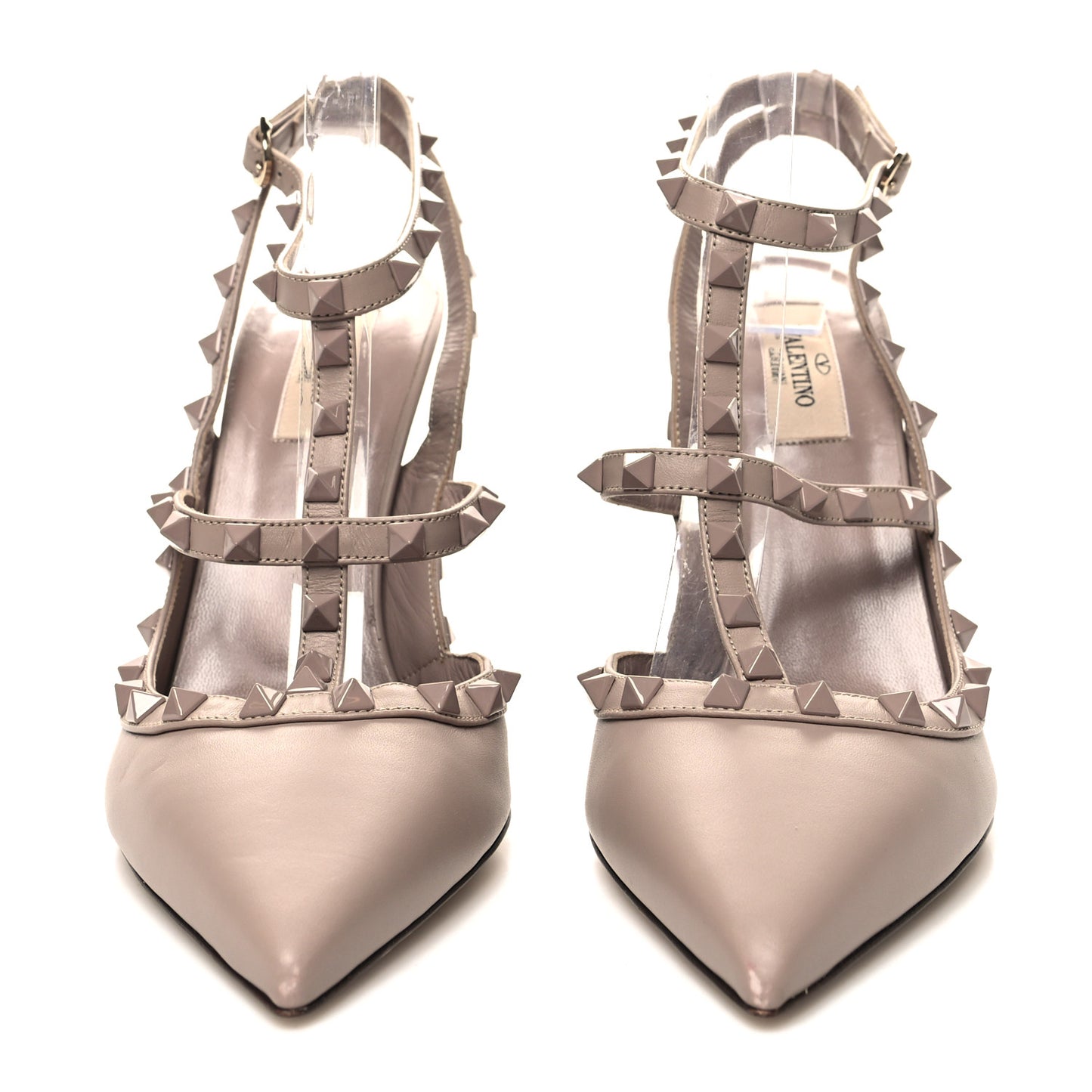 Calfskin Lacquered Monochrome Rockstud Ankle Strap 100mm Pumps 41 Poudre