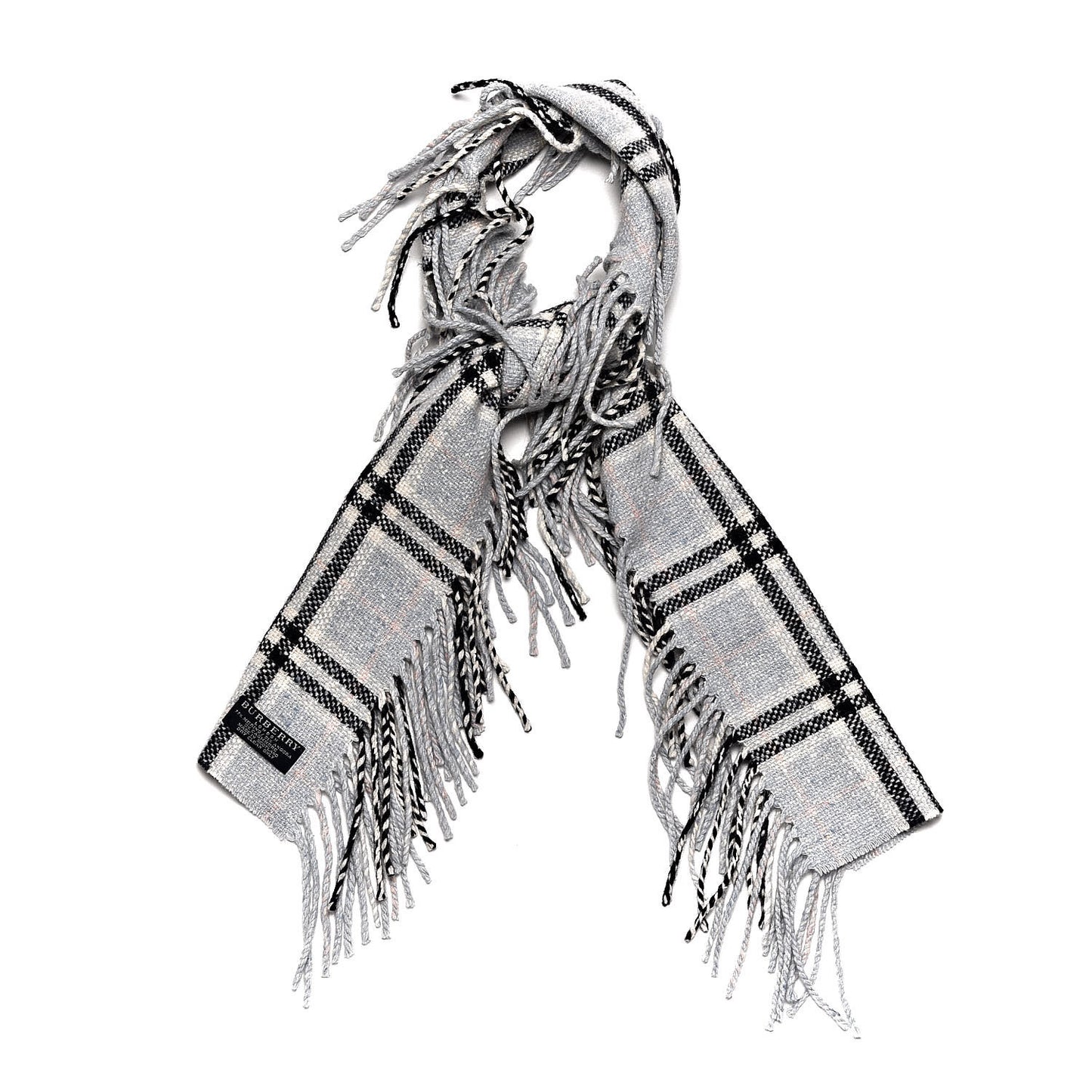 Merino Angora Cashmere Check Happy Fringe Scarf Light Blue