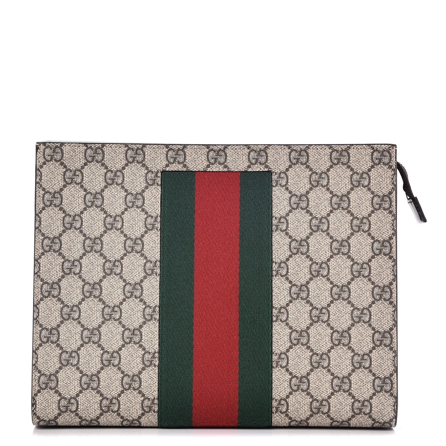 Gucci GG Supreme Monogram Selleria Calfskin Web New Web Cosmetic Case Beige Ebony Cocoa 1 of 7
