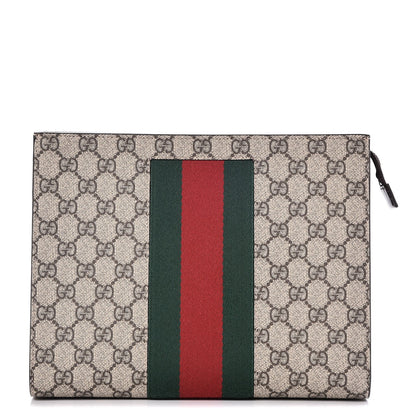 Gucci GG Supreme Monogram Selleria Calfskin Web New Web Cosmetic Case Beige Ebony Cocoa 1 of 7