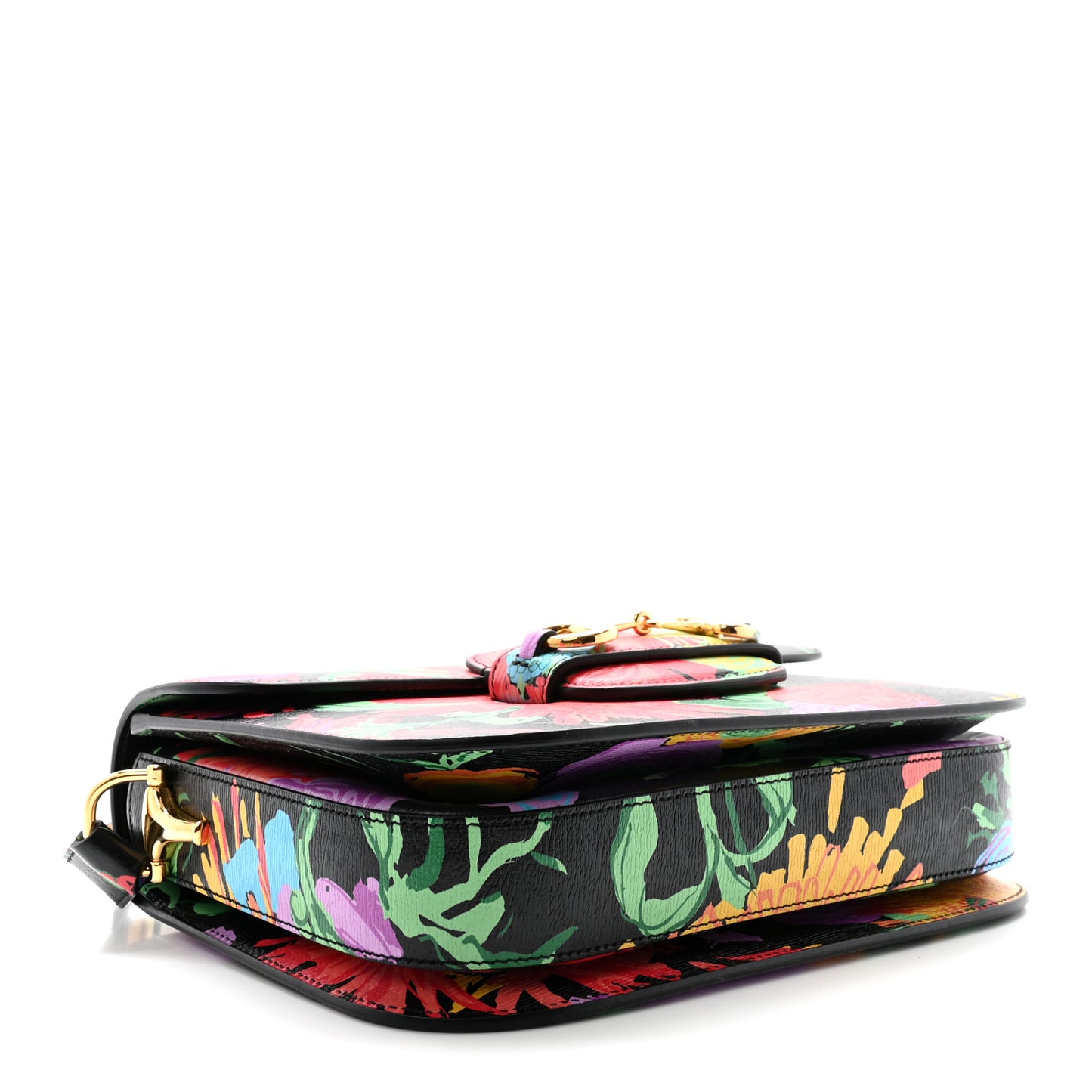 X KEN SCOTT New Shangai Calfskin Jenny Floral Print Horsebit 1955 Shoulder Bag Black Pink
