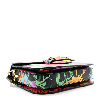 Gucci X KEN SCOTT New Shangai Calfskin Jenny Floral Print Horsebit 1955 Shoulder Bag Black Pink 4 of 9