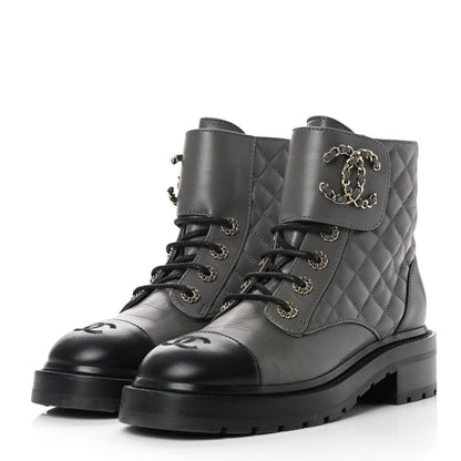Chanel Shiny Lambskin Quilted Lace Up Combat Boots 37 Grey Black 3 of 9