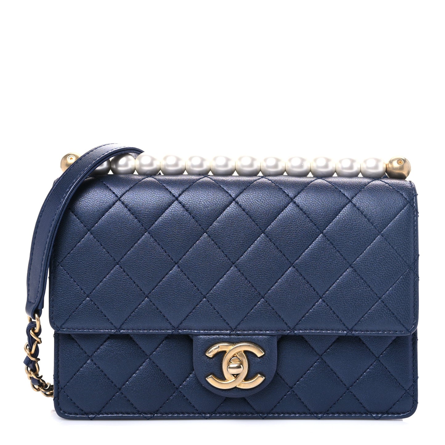 Iridescent Lambskin Quilted Small Chic Pearls Flap Blue
