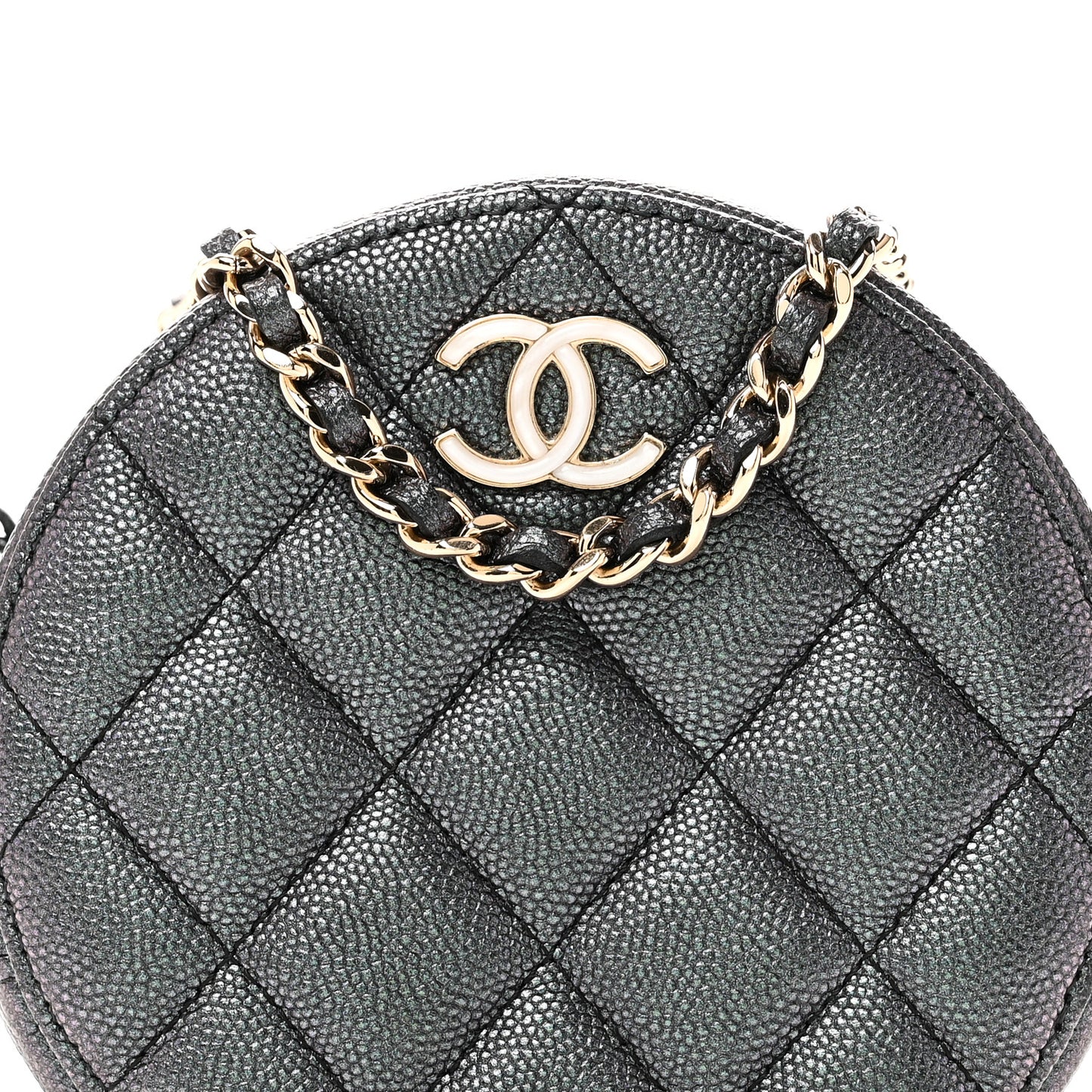 Iridescent Caviar Quilted Round Clutch With Chain Black