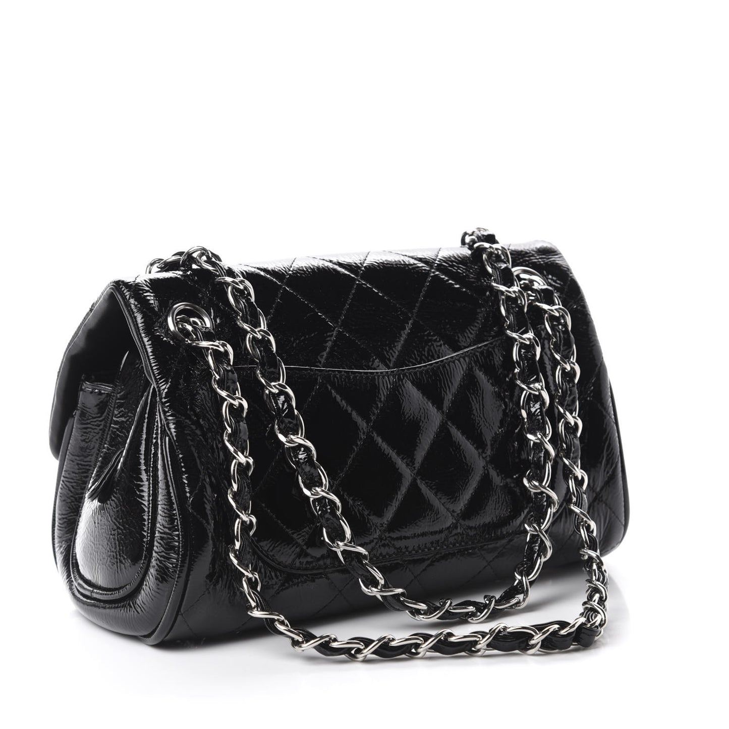 Distressed Patent Quilted Single Flap Bag Black