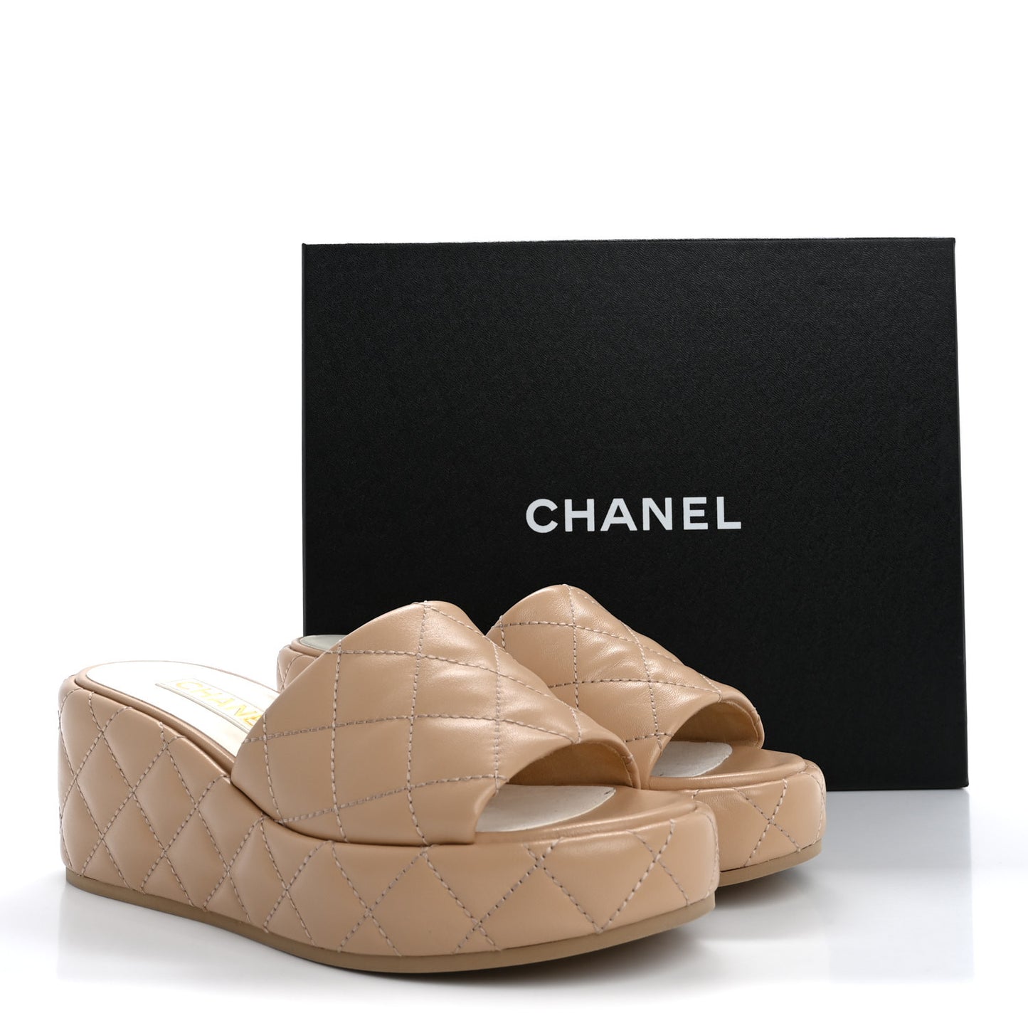 Lambskin Quilted Camelia CC Wedge Sandal Mules 39 Beige