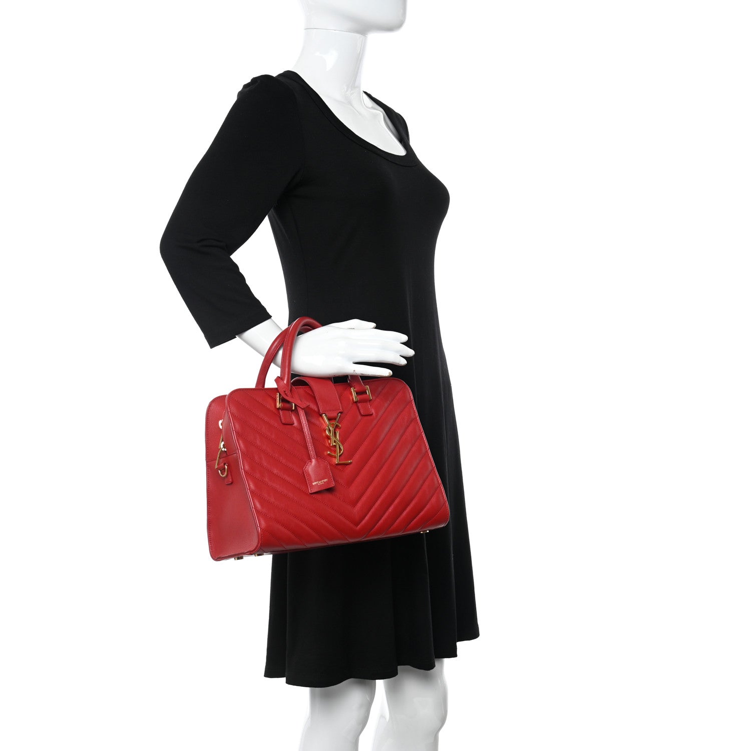 Saint Laurent Calfskin Matelasse Chevron Small Monogram Cabas Lipstick Red 2 of 14