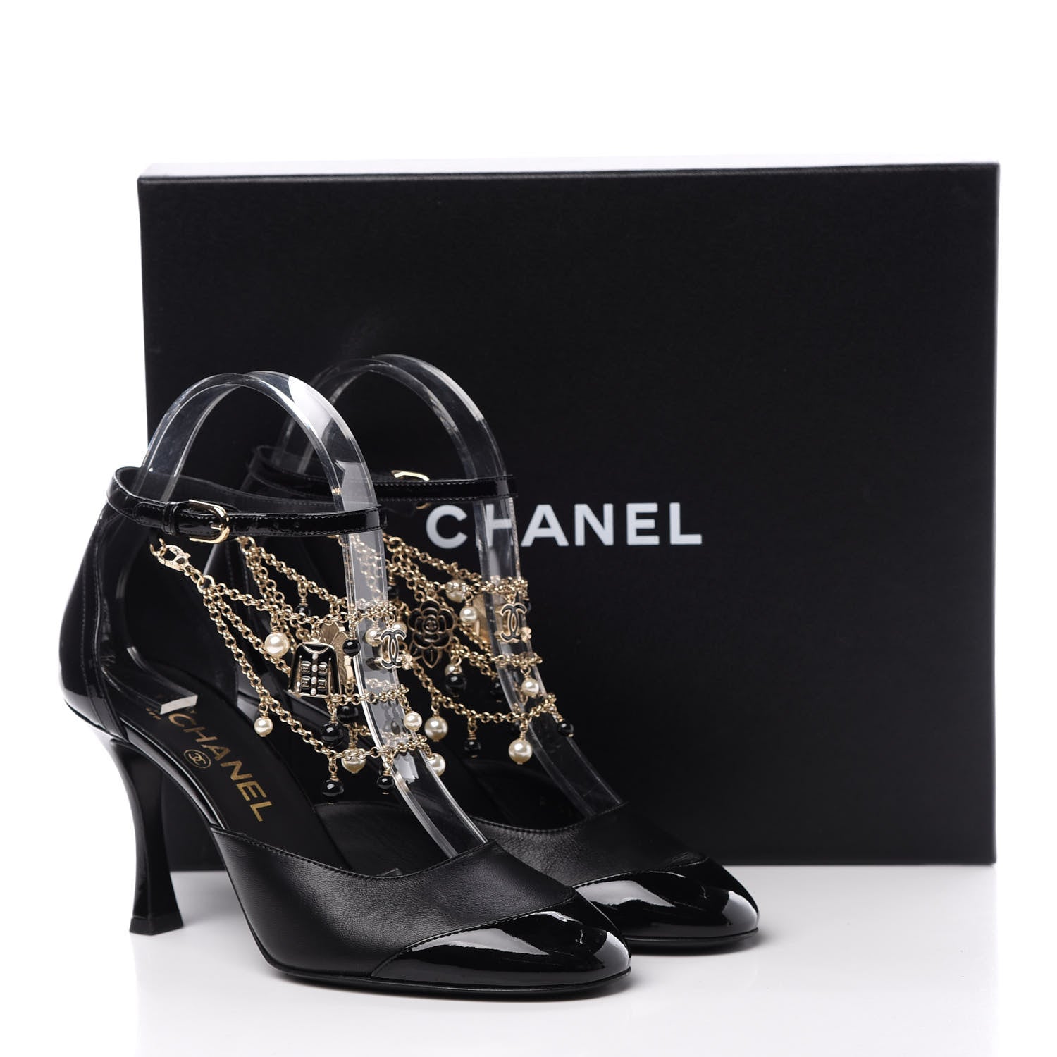 Chanel Patent Cap Toe Chain Ankle Strap Pumps 37.5 Black 10 of 10