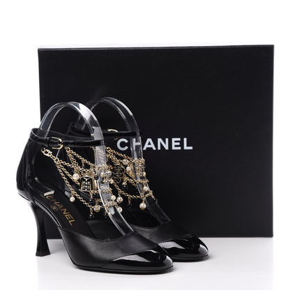 Chanel Patent Cap Toe Chain Ankle Strap Pumps 37.5 Black 10 of 10