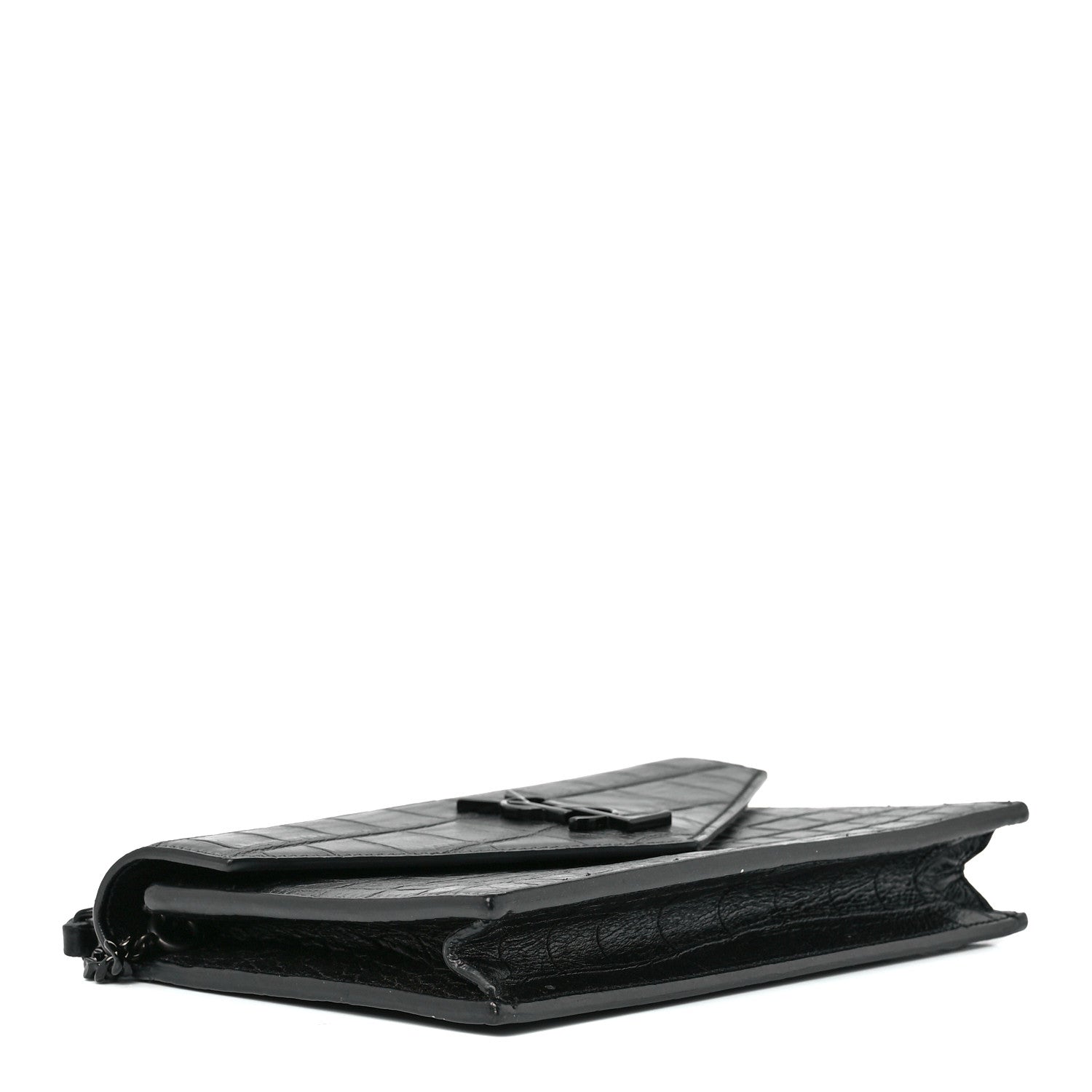 Saint Laurent Calfskin Crocodile Embossed Monogram Envelope Chain Wallet Black 4 of 12