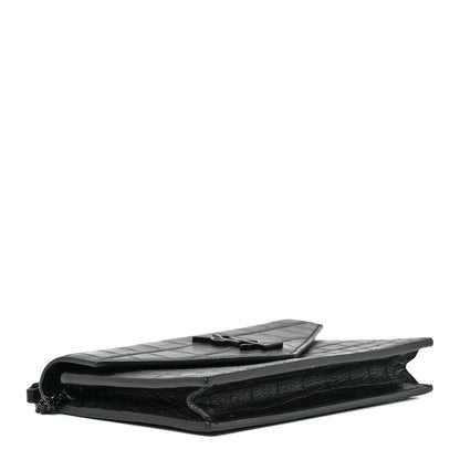 Saint Laurent Calfskin Crocodile Embossed Monogram Envelope Chain Wallet Black 4 of 12