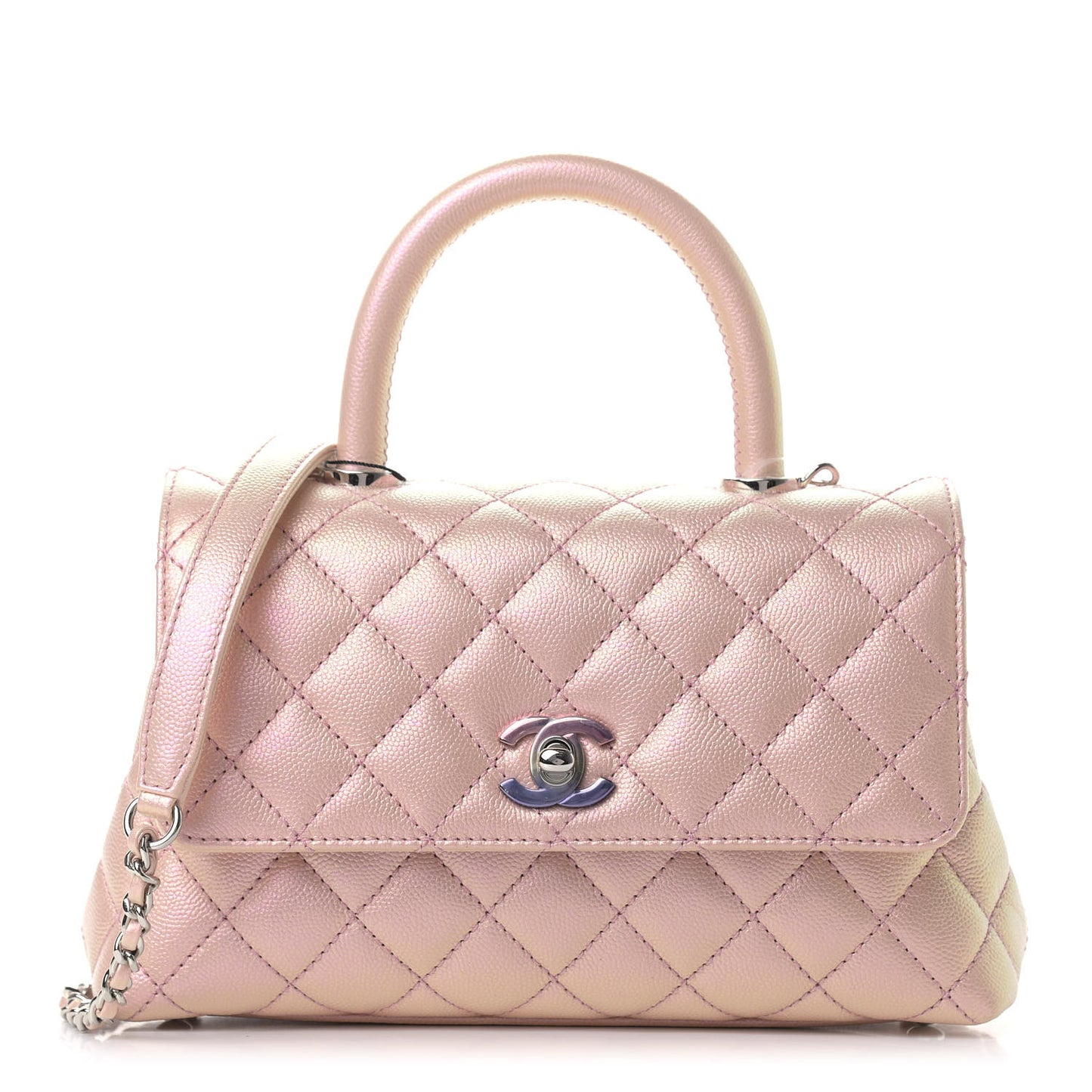 Iridescent Caviar Quilted Mini Coco Handle Flap Pink
