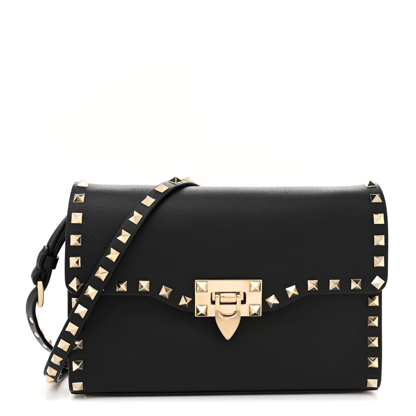 Vitello Medium Rockstud Flip Lock Crossbody Bag Black