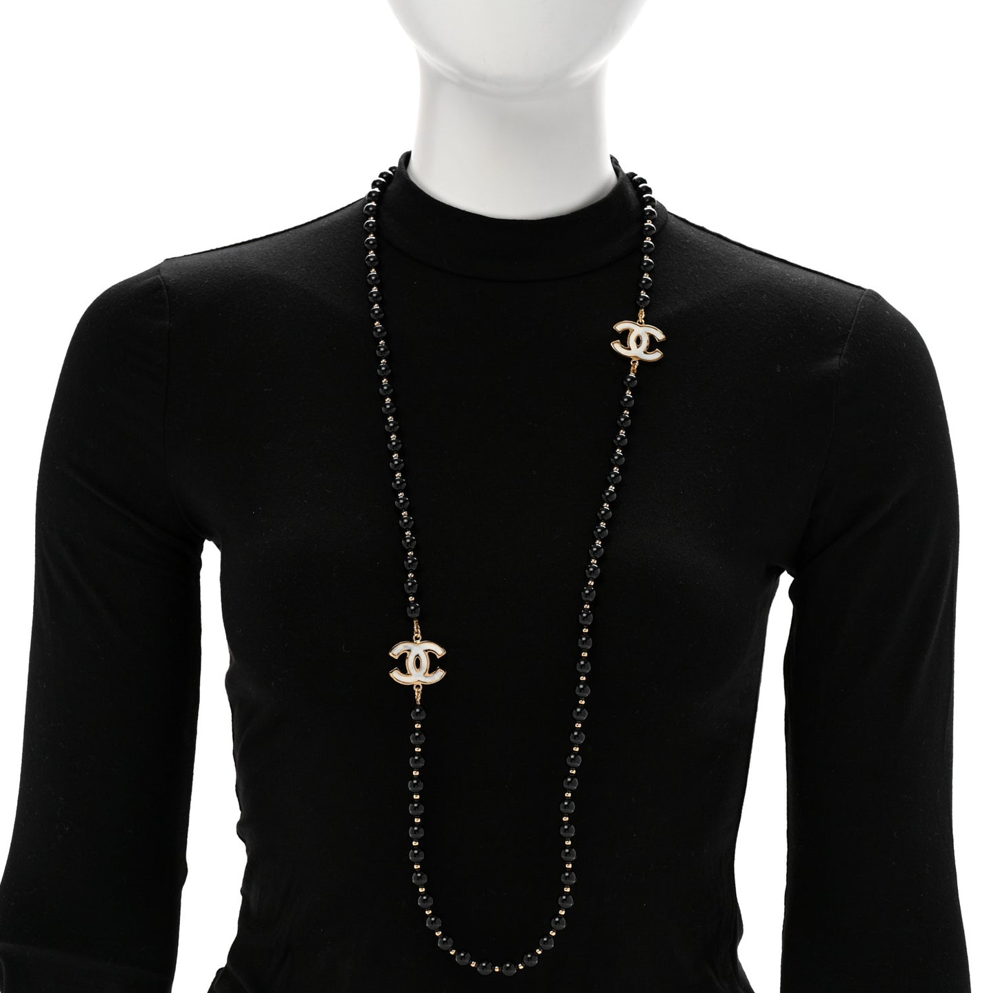 Marble Beaded CC Long Necklace Black Gold White
