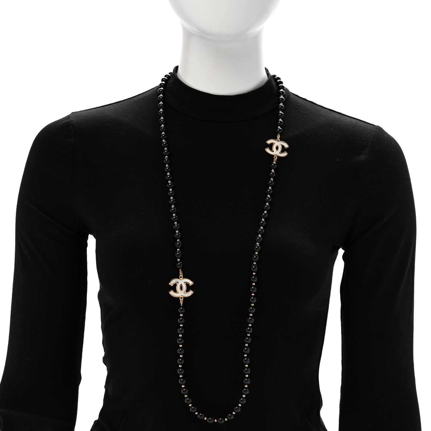 Chanel Marble Beaded CC Long Necklace Black Gold White 2 of 6