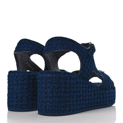 Chanel Cotton Tweed Quilted CC Platform Sandals 39 Navy Blue 4 of 9
