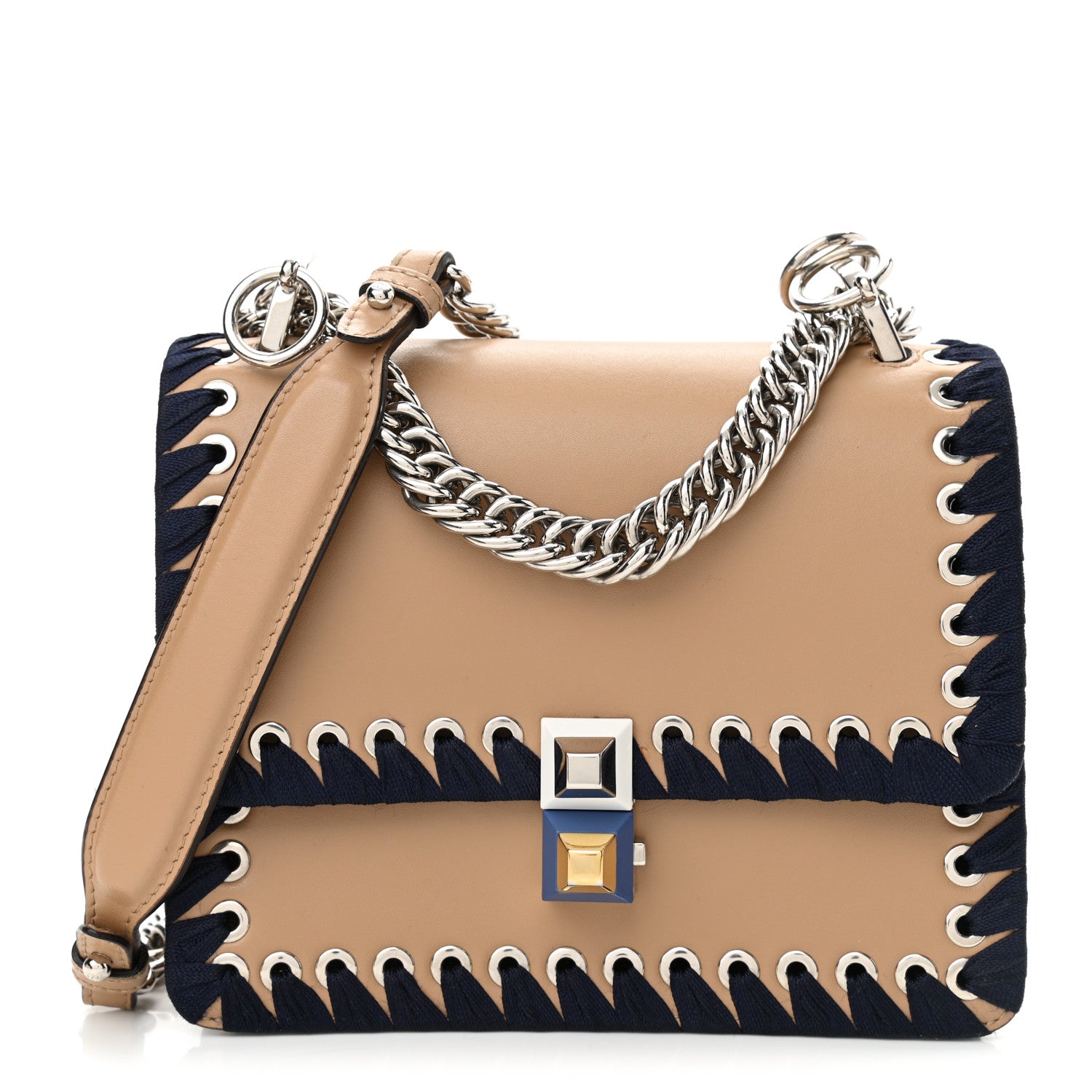 Fendi Vitello Liberty Lucido Ribbon Lace Up Studded Small Kan I Shoulder Bag Cuoio Navy 1 of 12