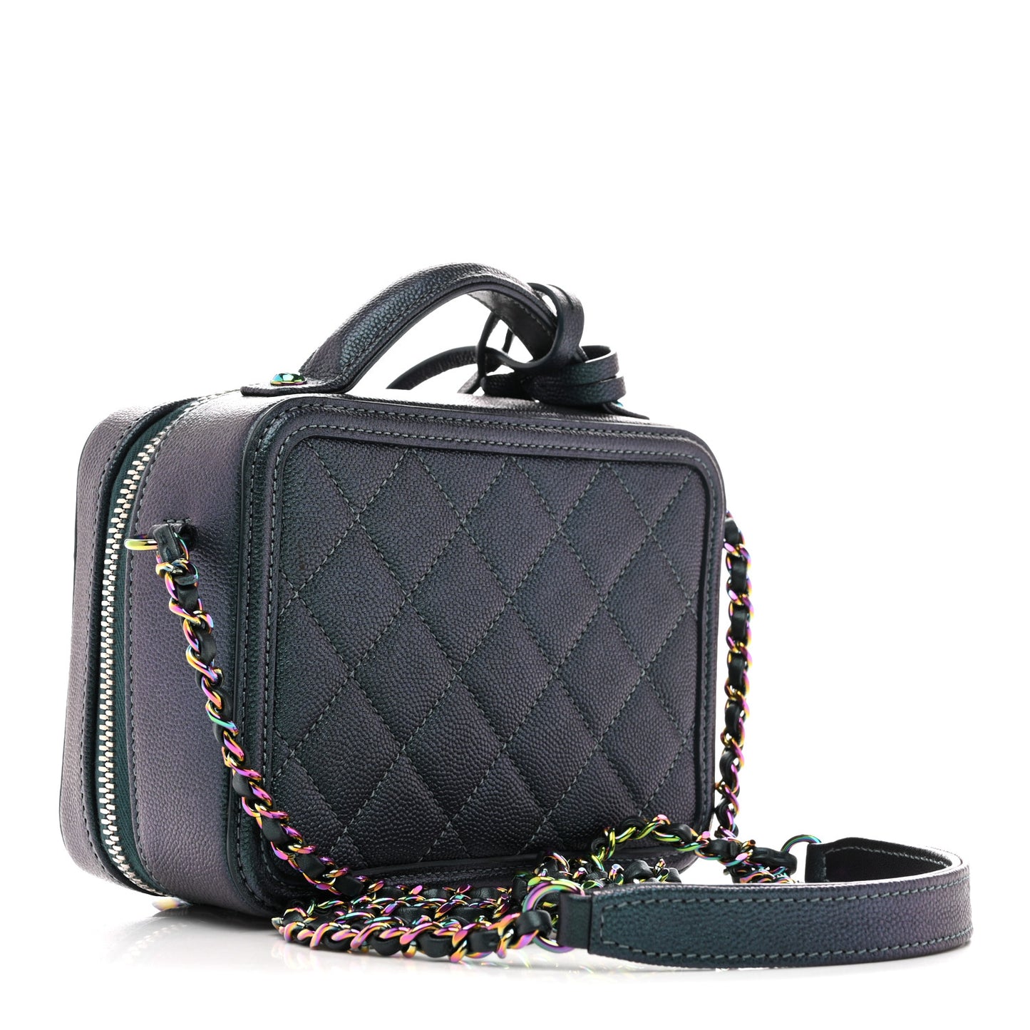 Iridescent Caviar Quilted Small CC Filigree Vanity Case Dark Turquoise