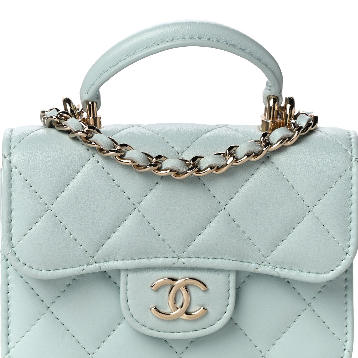 Chanel Lambskin Quilted Top Handle Flap Coin Purse With Chain Light Blue 9 of 12