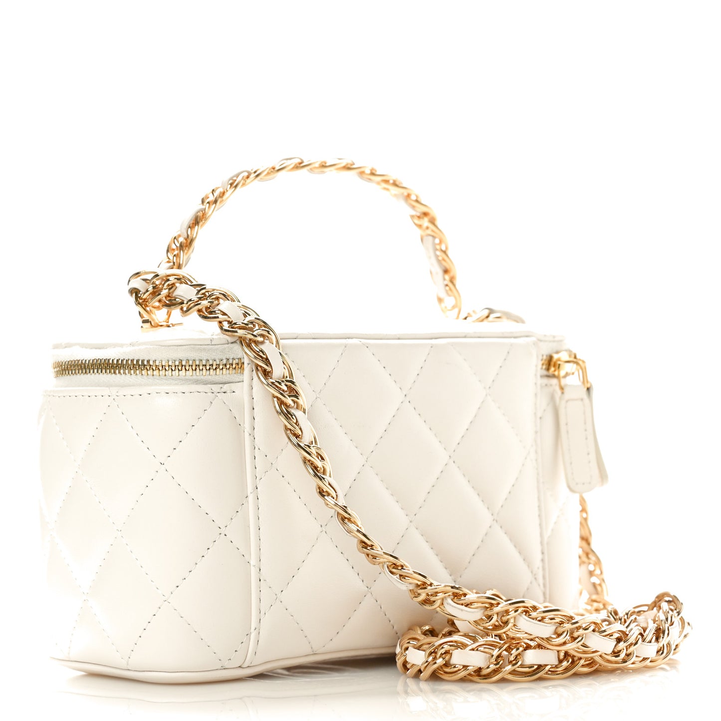 Lambskin Quilted Golden Links Top Handle Vanity Case With Chain White