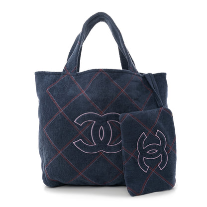 Chanel Terry Cotton Quilted CC Beach Tote Towel Set Blue Pink 3 of 11
