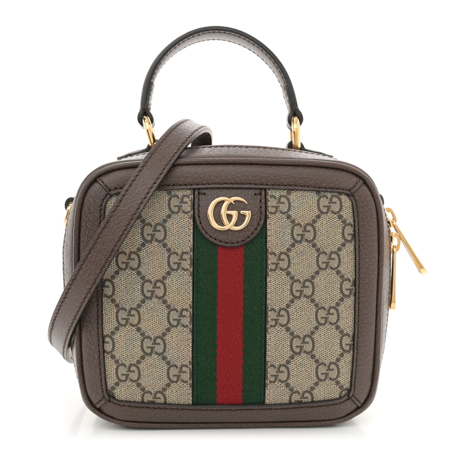 GG Supreme Monogram Textured Dollar Calfskin Mini Ophidia Top Handle Square Shoulder Bag Beige Ebony New Acero