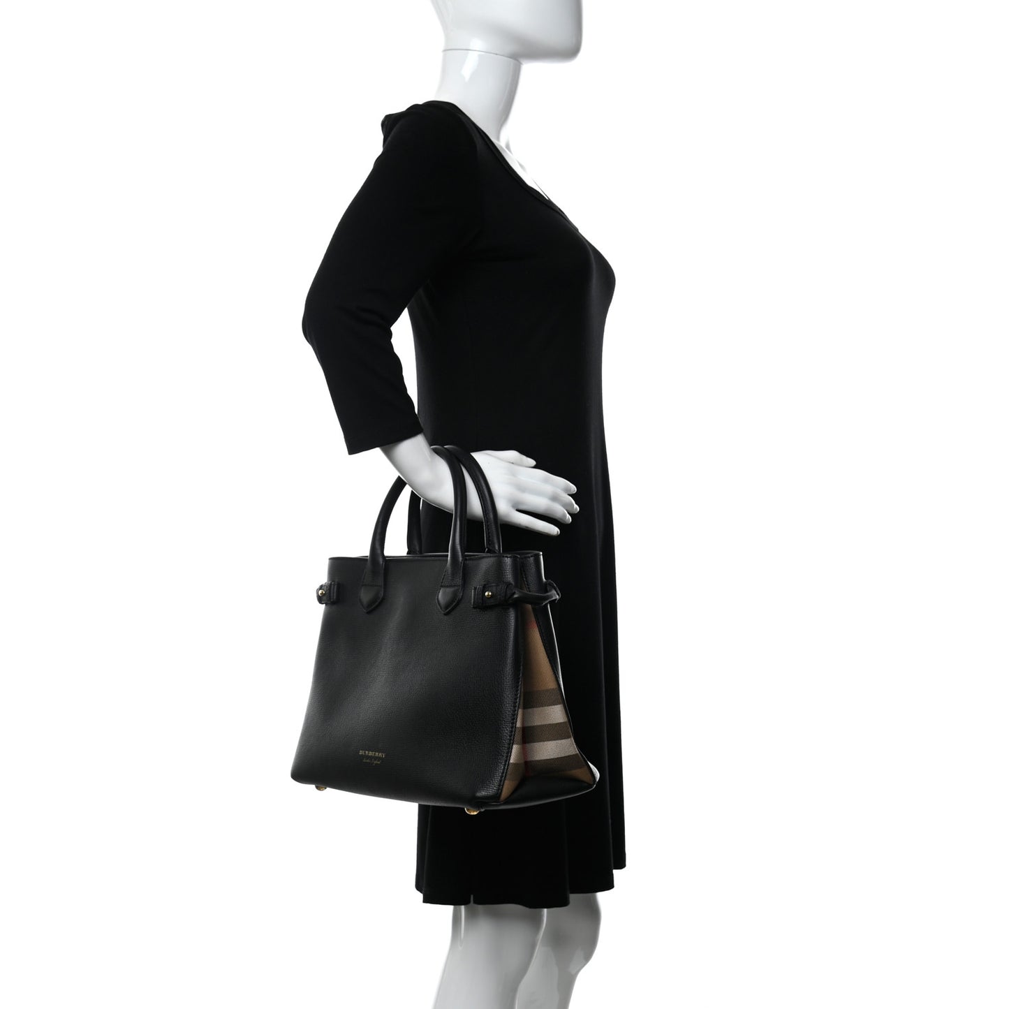 Grainy Calfskin House Check Medium Banner Tote Black