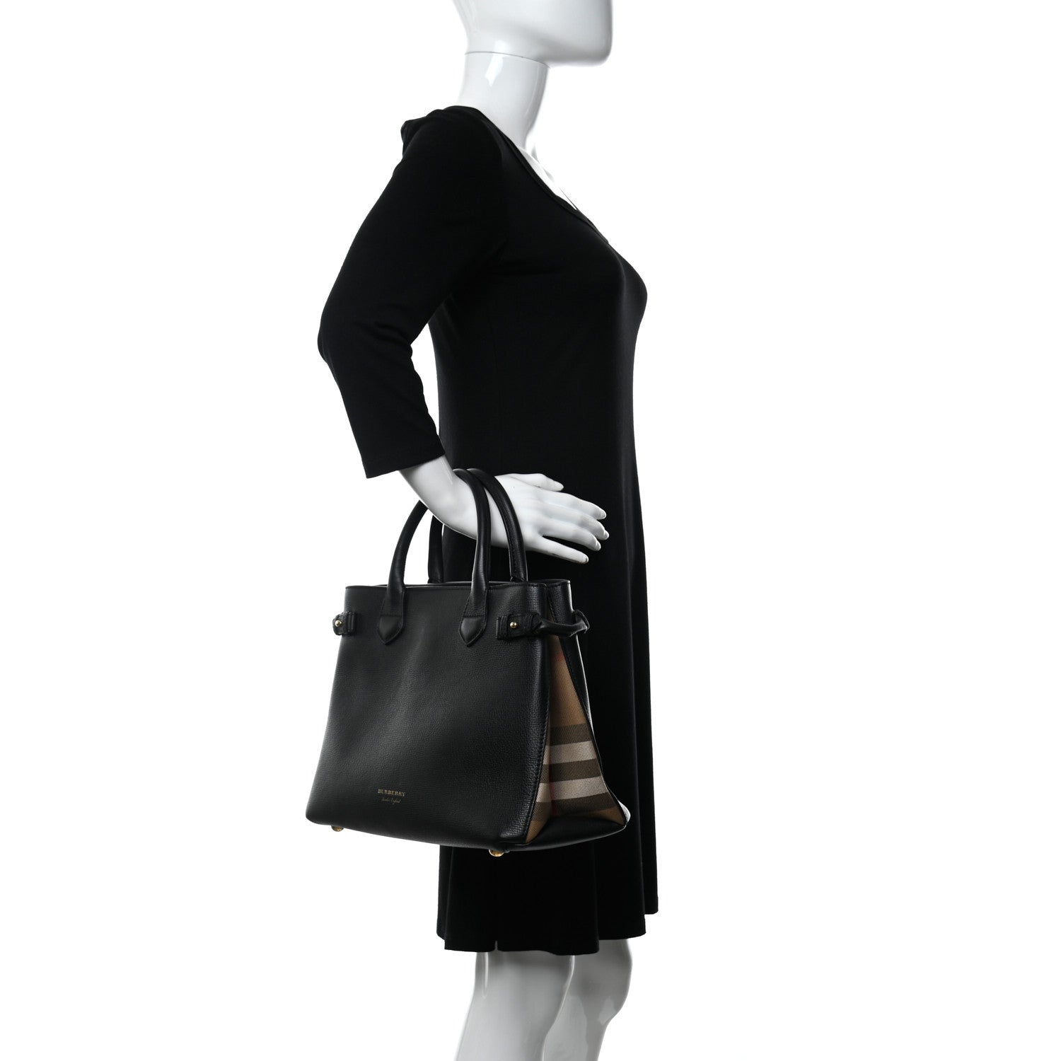 Burberry Grainy Calfskin House Check Medium Banner Tote Black 2 of 11
