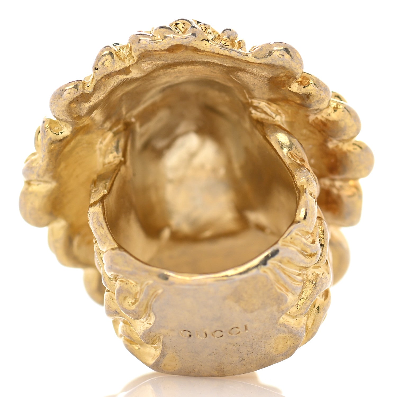 Gucci Metal Crystal Lion Head Ring 6.75 Green Aged Gold 3 of 7
