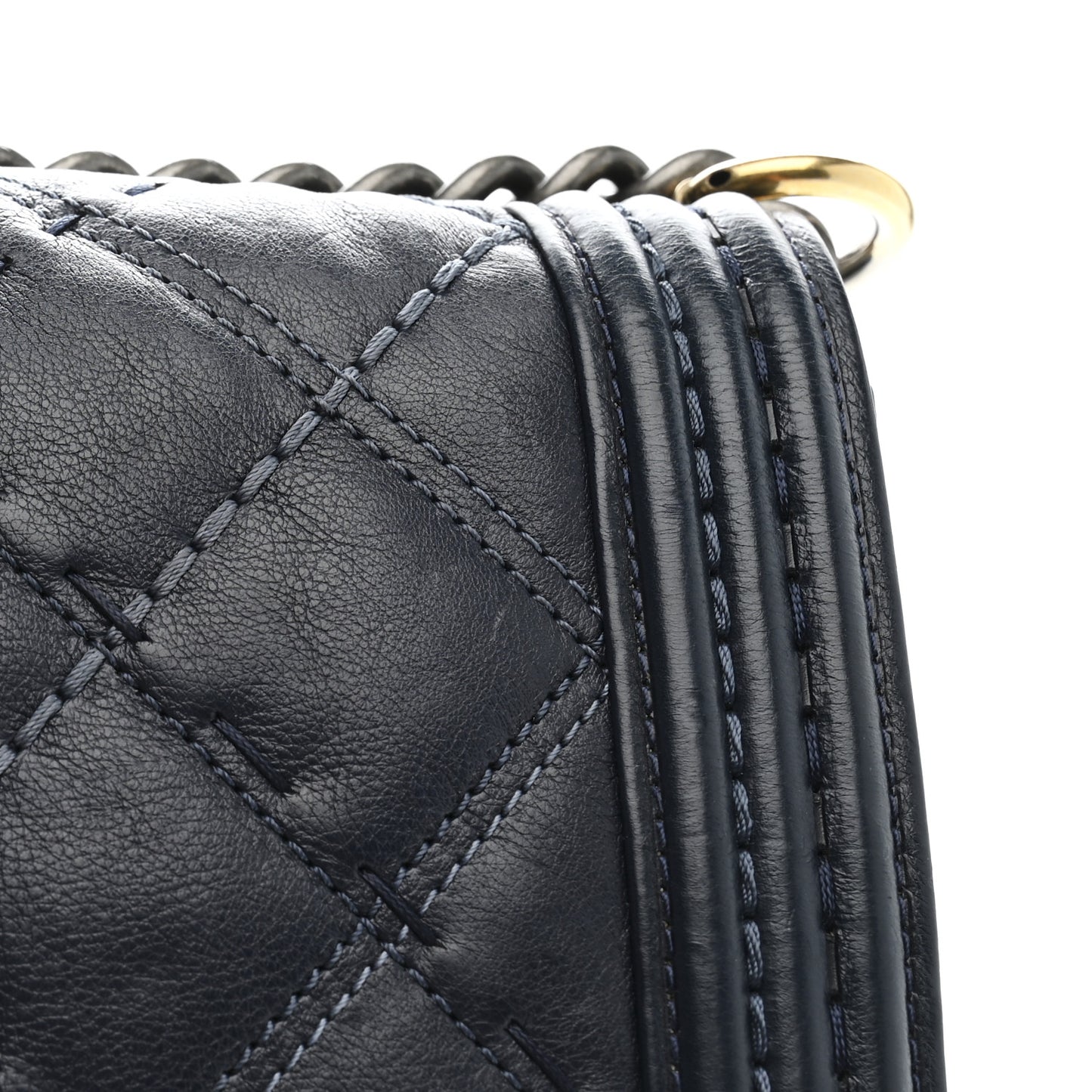 Calfskin Double Stitch Medium Boy Flap Navy Blue