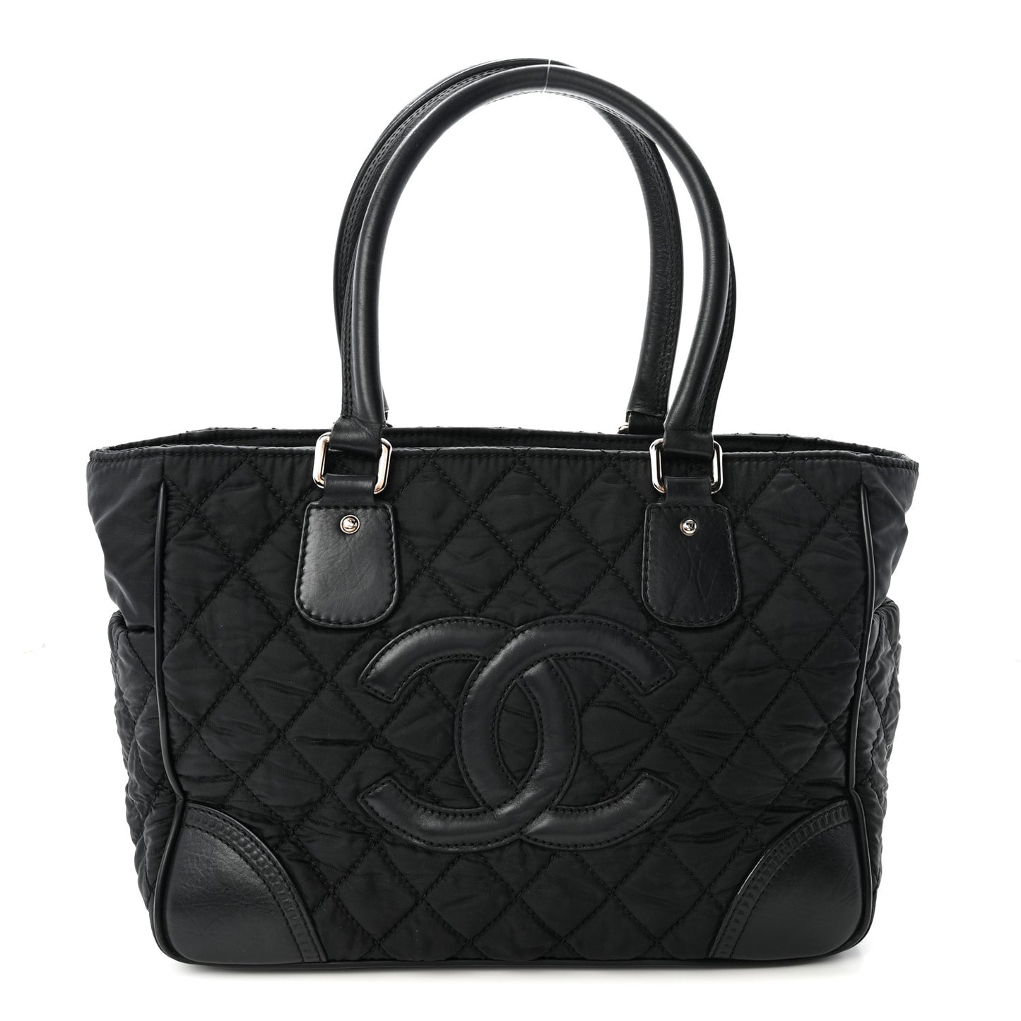 Nylon Calfskin Quilted CC Paris New York Tote Bag Black