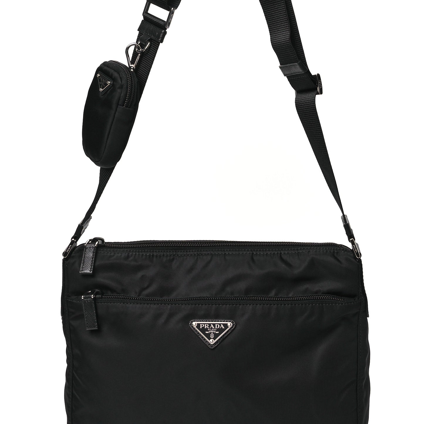 Re-Nylon Vela Saffiano Pocket Double Zip Messenger Bag Black