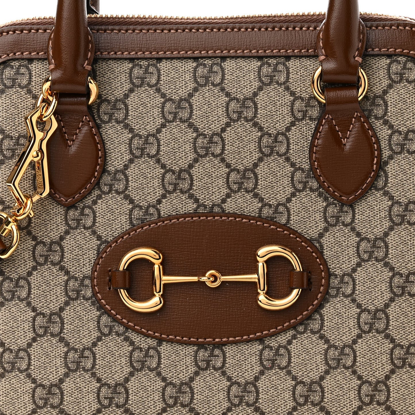 GG Supreme Monogram Azalea Calfskin Small Horsebit 1955 Top Handle Bag Beige Ebony Brown Sugar
