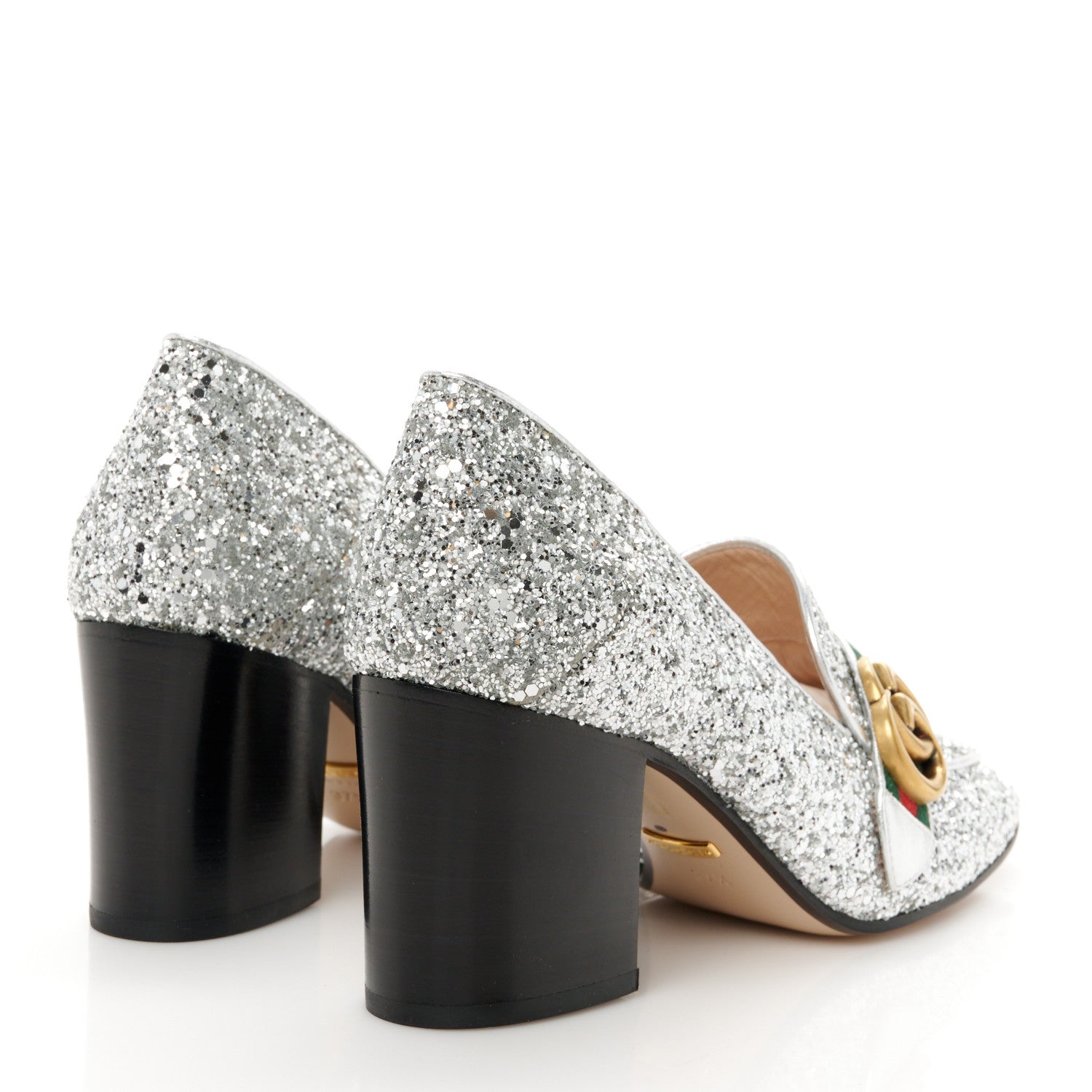 Gucci Glitter Nappa Web Peyton 75mm Loafer Pumps 37.5 Argento 5 of 10